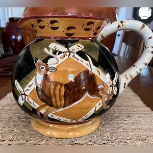 Zrike Co by S. Riggsbee White Hand-Painted Deer Ceramic Pitcher - Brown & Cream